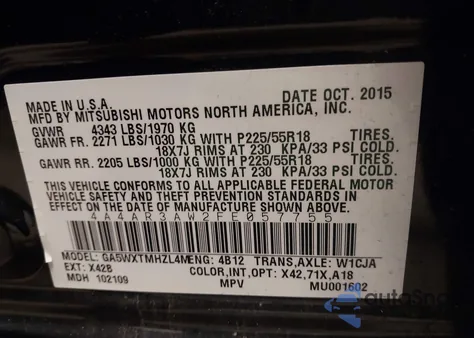 2015 Mitsubishi Outlander Sport Es из США, поврежденный, VIN 4A4AR3AW2FE057755